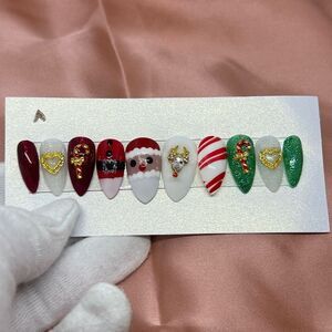 New Christmas Custom Rhinestone Santa Candy Cane Reindeer press on nails